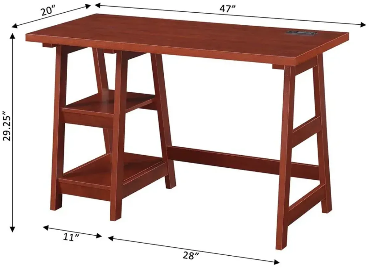 Convenience Concepts Designs2Go Trestle Desk with Charging Station, Cherry