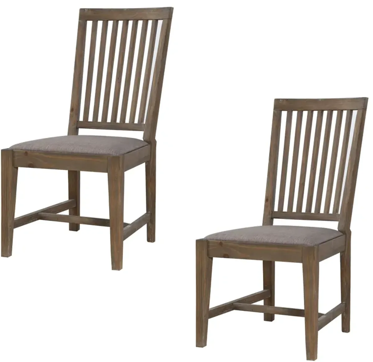 Wooden Chair with Fabric Upholstered Seat and Slat Style Back, Set of 2, Oak Brown and Gray - Benzara