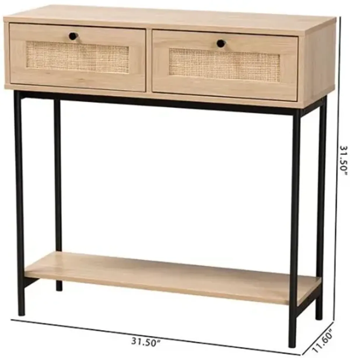 Light Brown  and Black 2-Drawer Console Table with Woven Rattan Accent