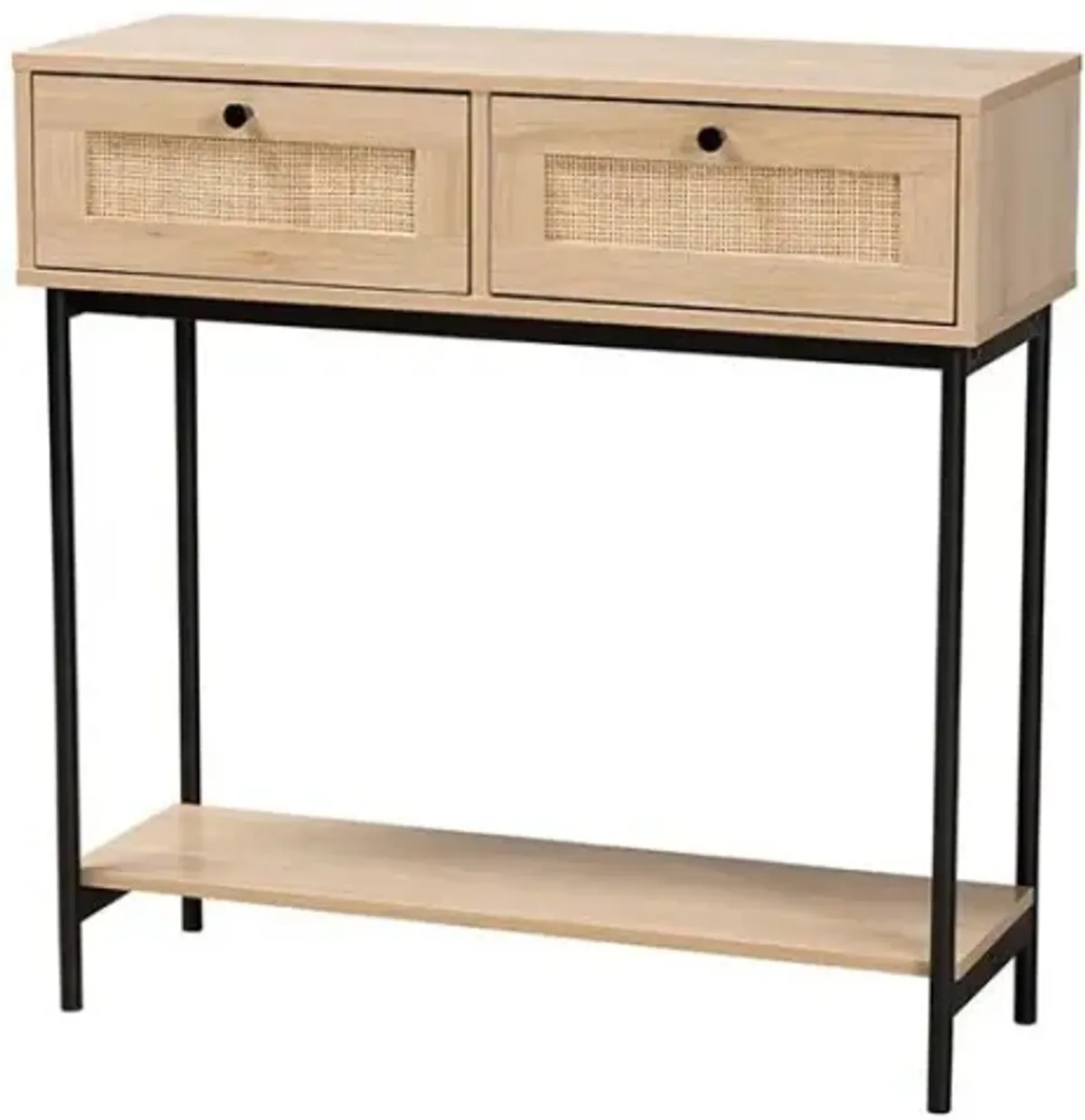 Light Brown  and Black 2-Drawer Console Table with Woven Rattan Accent