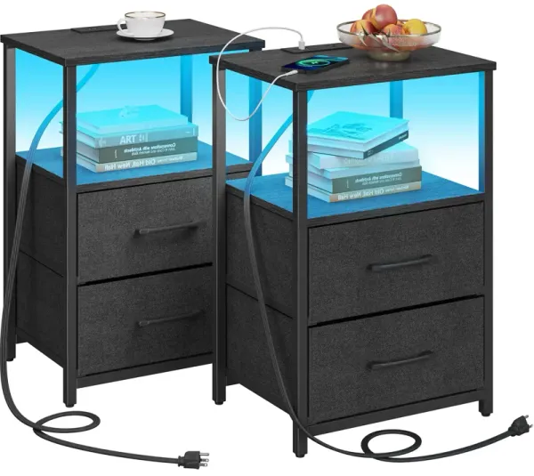 TUTOTAK LED End Table with Charging Station, Nightstand with Cloth Drawer, Side Table with 1 USB Port and 1 Type-C Port, Set of