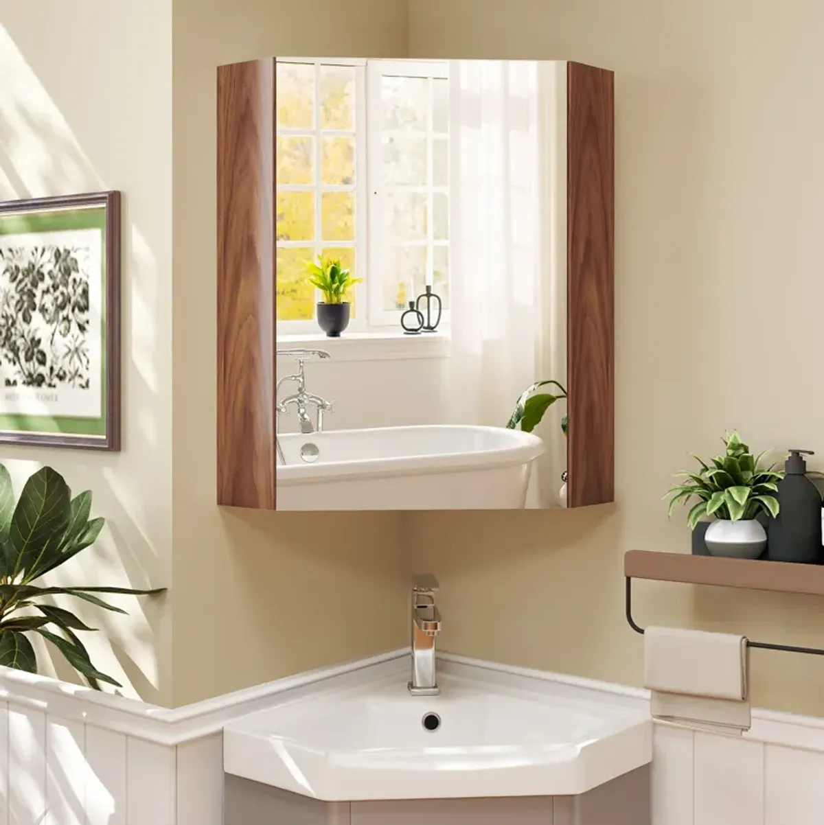Corner Medicine Cabinet with Mirror with Open Mirror Door and Adjustable Shelf