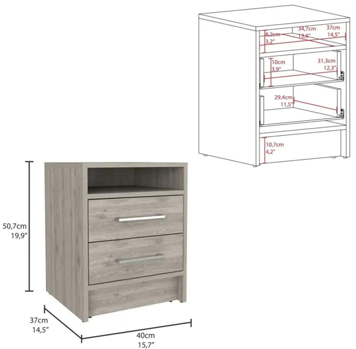 Eter Nightstand, Superior Top, Two Drawers - Light Gray