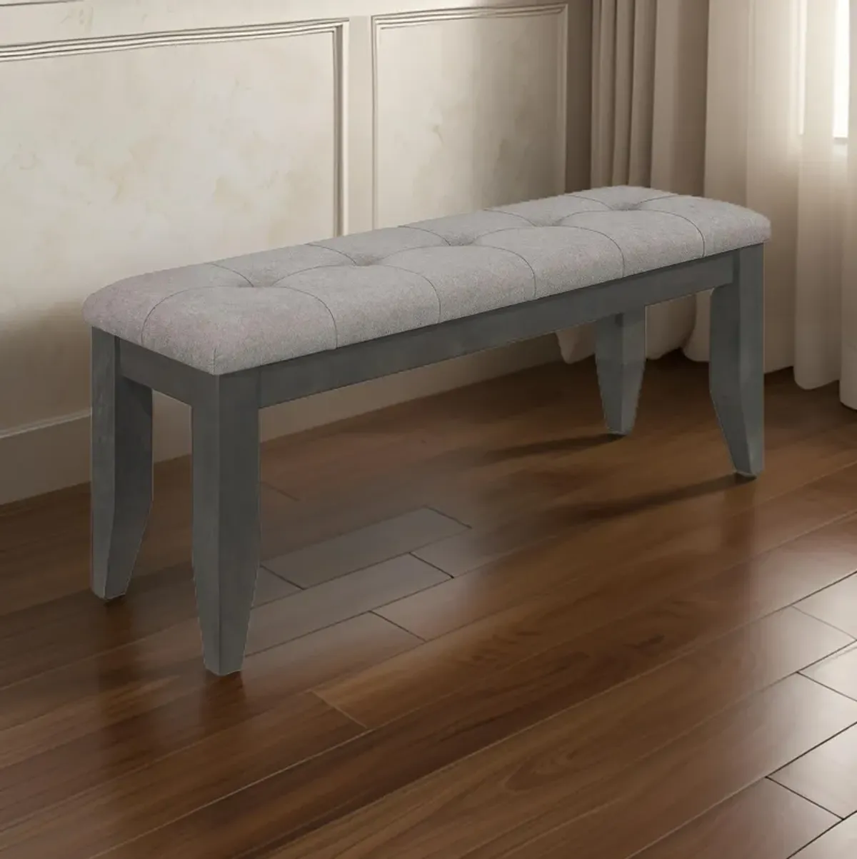 Lyla 47 Inch Dining Bench, Sleek Cushioned Seat, Rustic Gray Wood Frame-Benzara