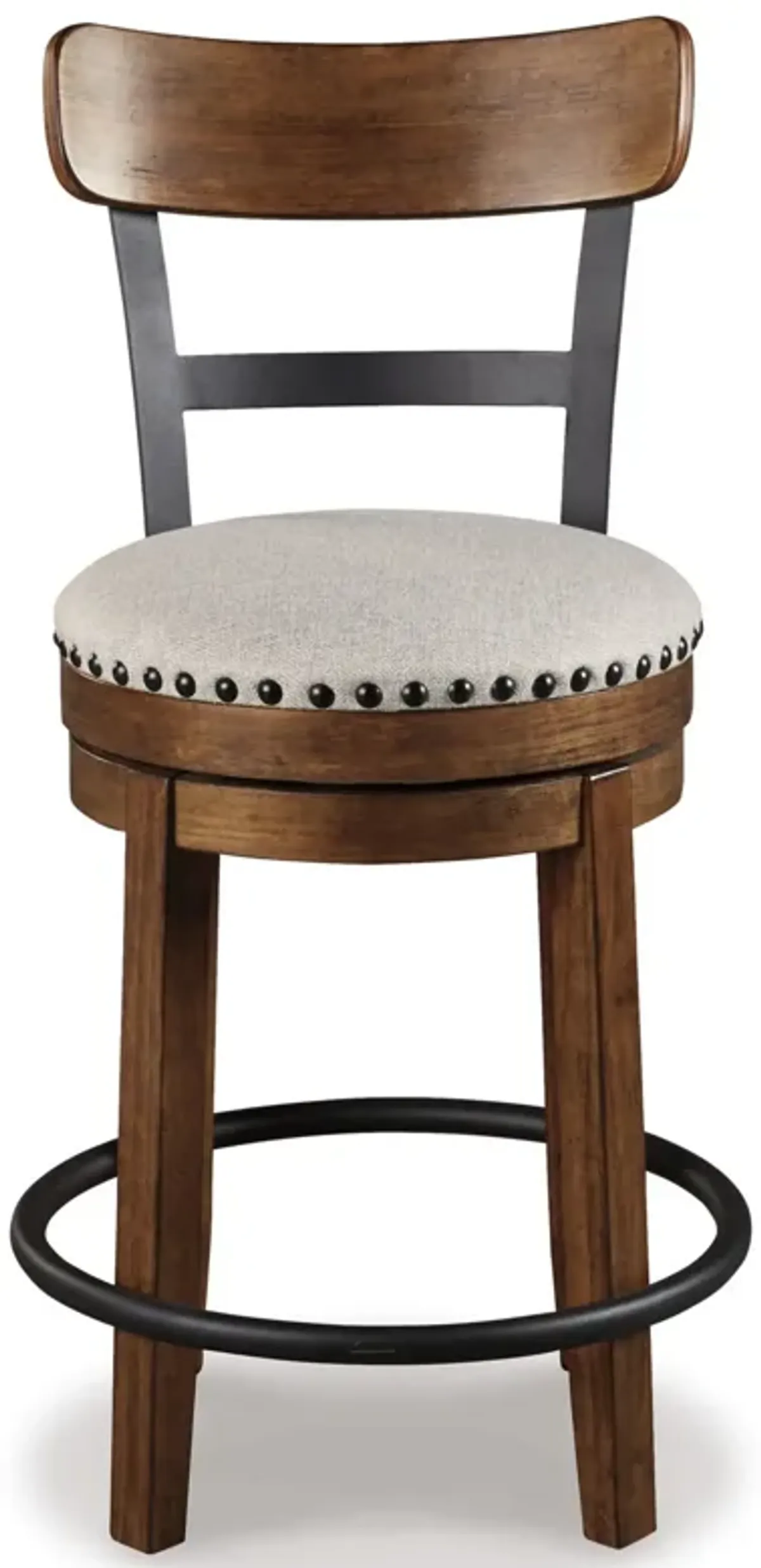 Zane 25 Inch Swivel Counter Height Stool, Round Cushioned Seat, Brown Wood - Benzara