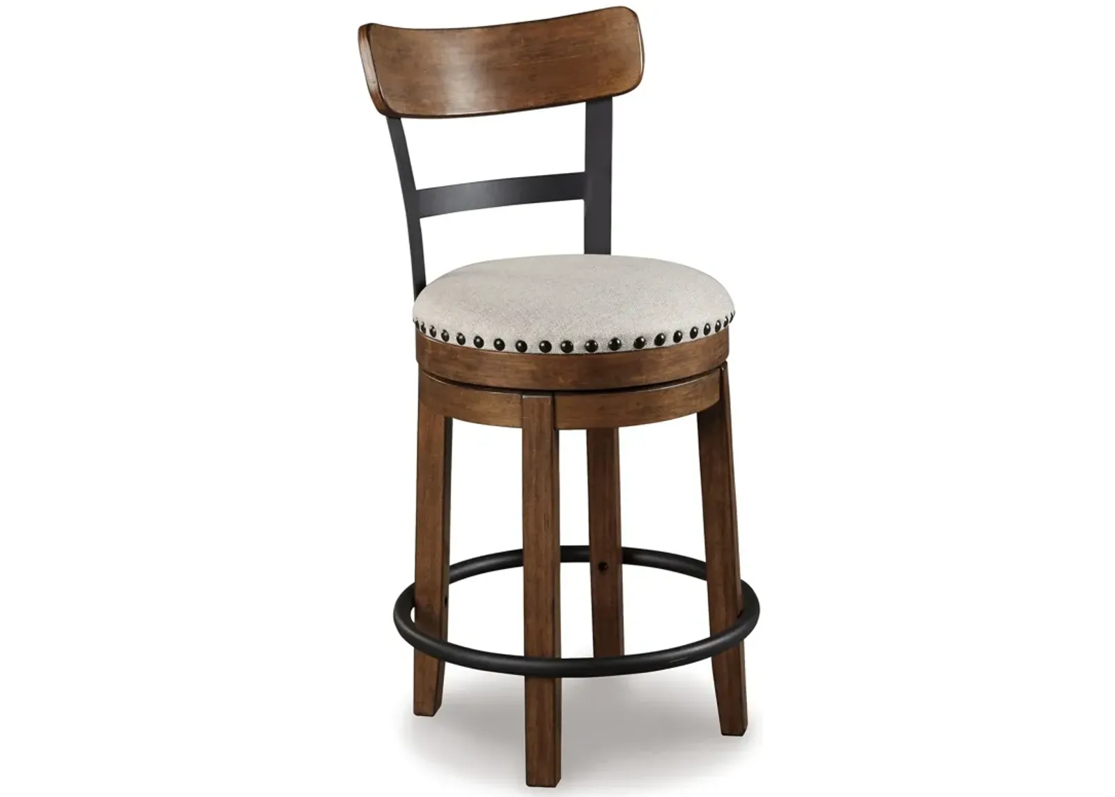 Zane 25 Inch Swivel Counter Height Stool, Round Cushioned Seat, Brown Wood - Benzara