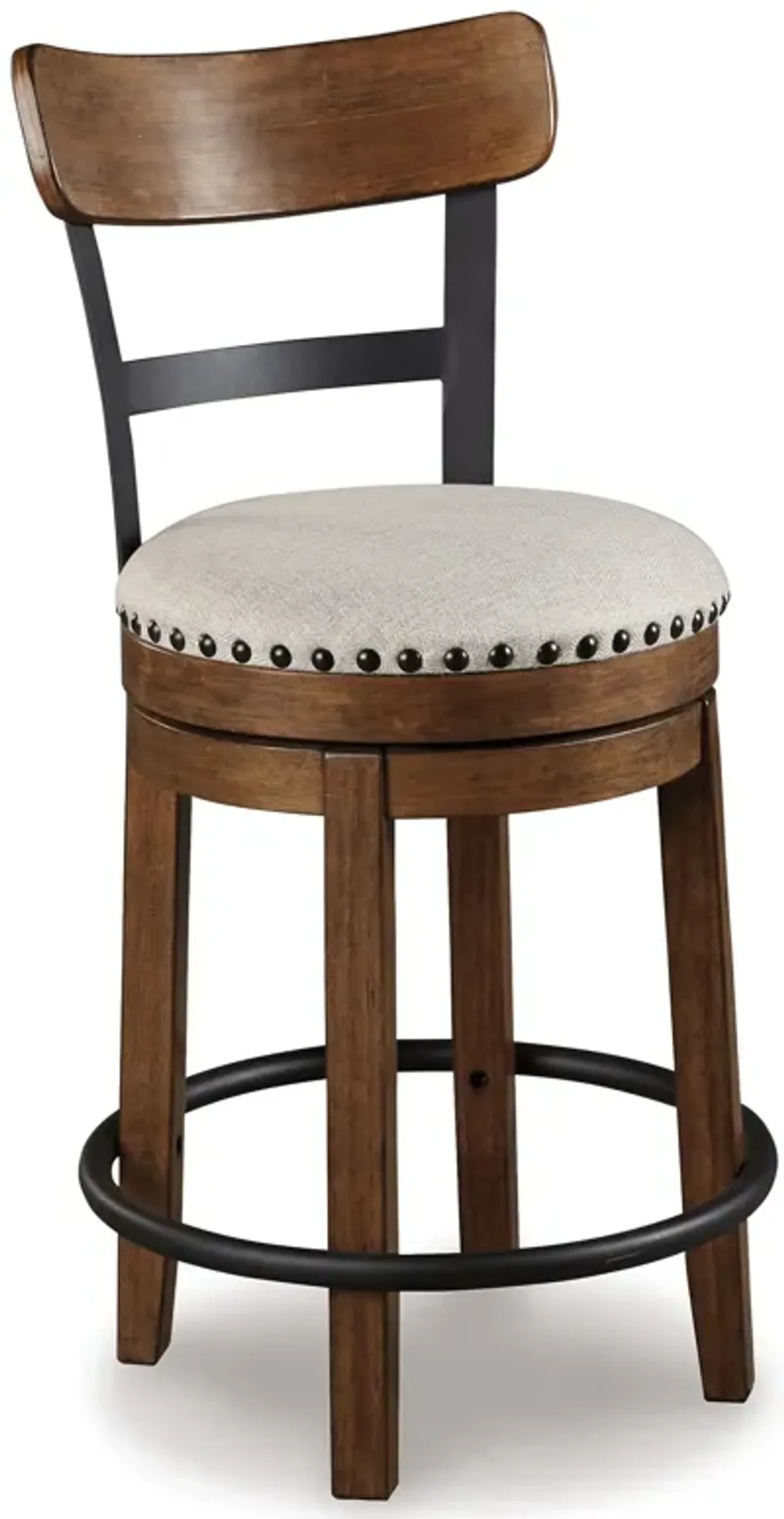 Zane 25 Inch Swivel Counter Height Stool, Round Cushioned Seat, Brown Wood - Benzara