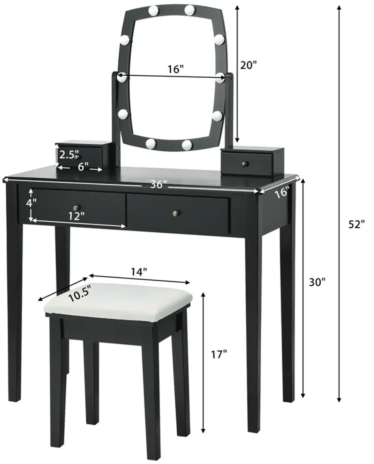 Vanity Table Set with Lighted Mirror for Bedroom and Dressing Room