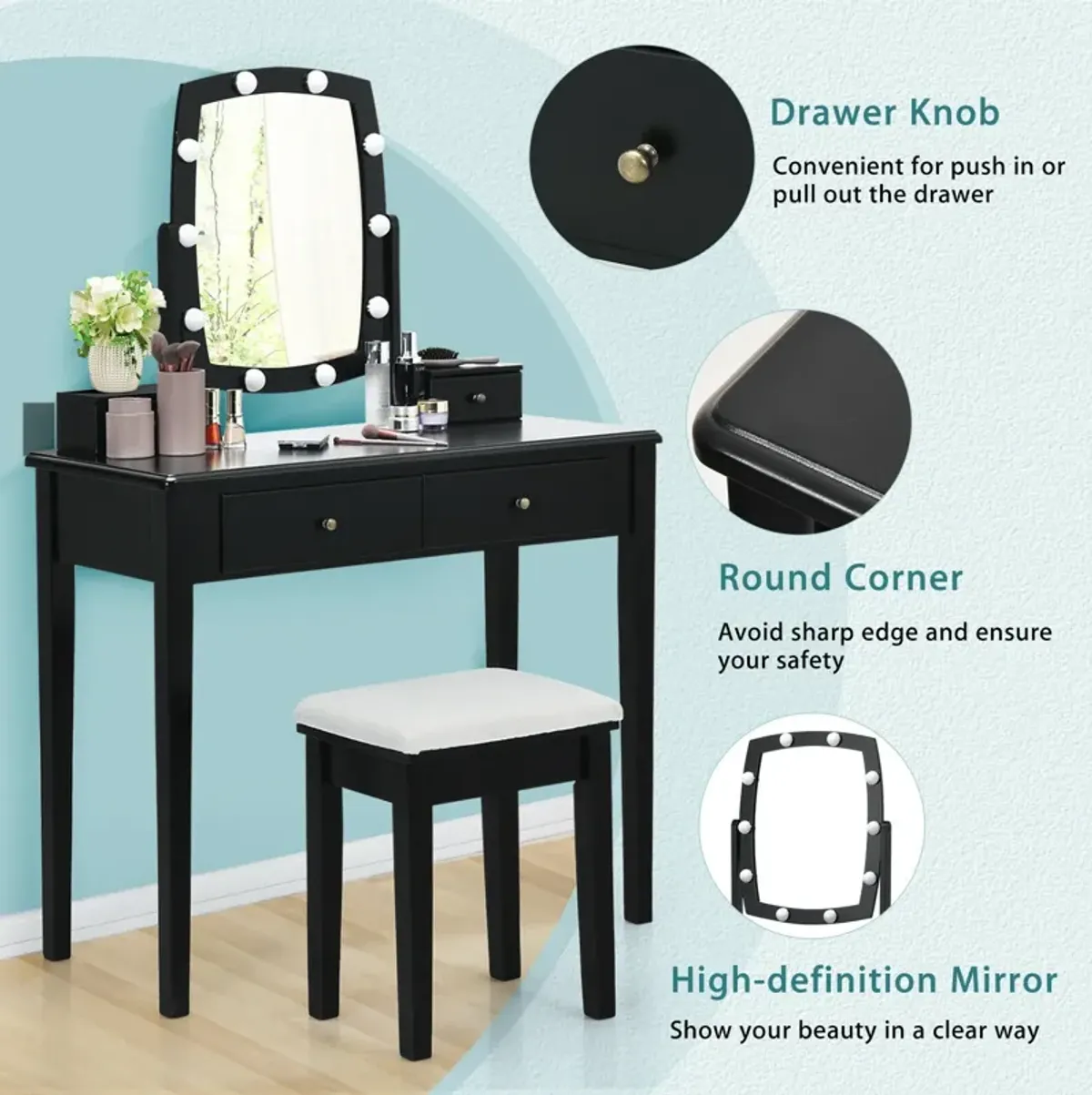 Vanity Table Set with Lighted Mirror for Bedroom and Dressing Room