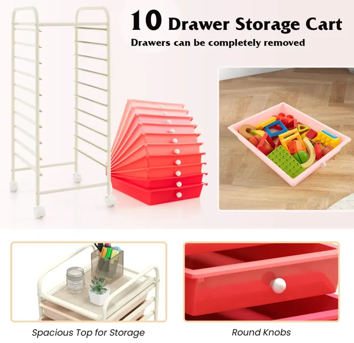 10 Drawer Rolling Storage Cart Organizer with 4 Universal Casters