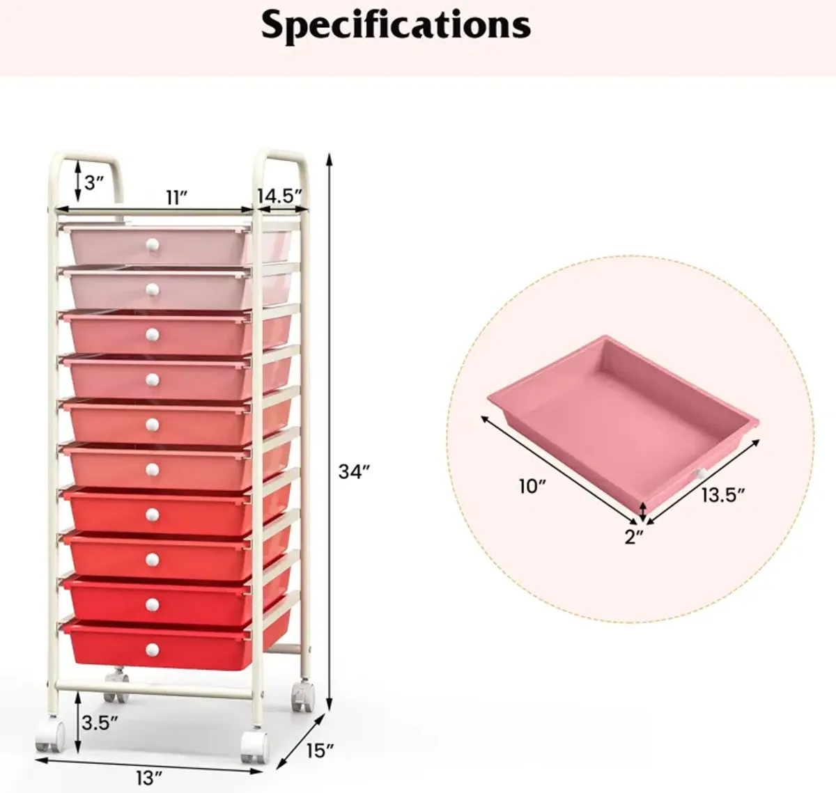 10 Drawer Rolling Storage Cart Organizer with 4 Universal Casters