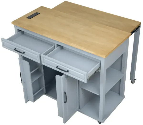 Whisen 47" Kitchen Island with Extendable Dining Table, Rubber Wood Veneer Kitchen Table with Storage Rack and Power Outlet - Gray