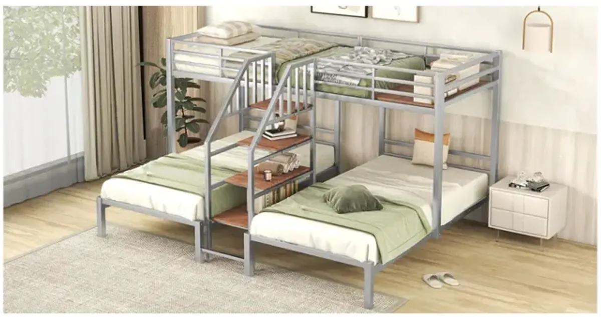 Metal Twin Over Twin & Twin Bunk Bed, Triple Bunk Bed With Storage Shelves Staircase, Silver