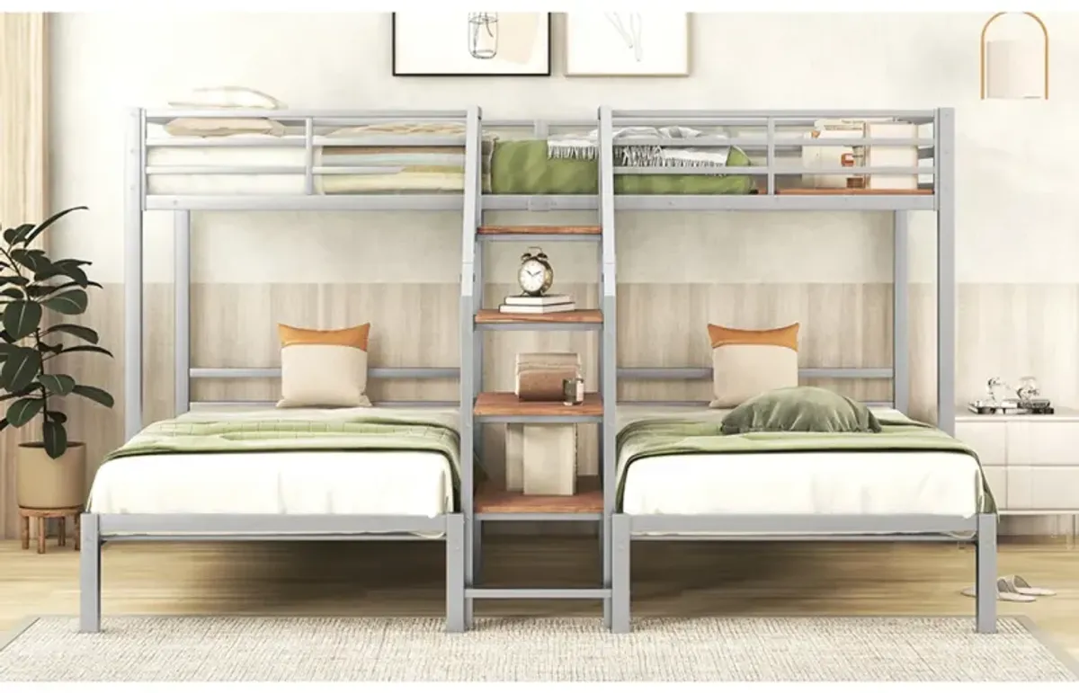 Metal Twin Over Twin & Twin Bunk Bed, Triple Bunk Bed With Storage Shelves Staircase, Silver