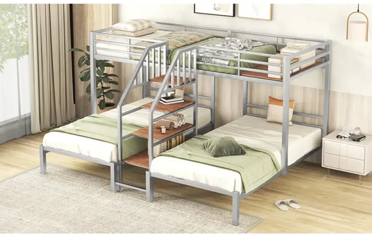 Metal Twin Over Twin & Twin Bunk Bed, Triple Bunk Bed With Storage Shelves Staircase, Silver