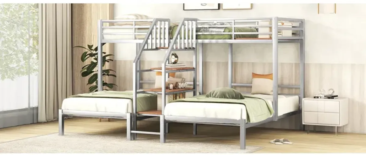 Metal Twin Over Twin & Twin Bunk Bed, Triple Bunk Bed With Storage Shelves Staircase, Silver