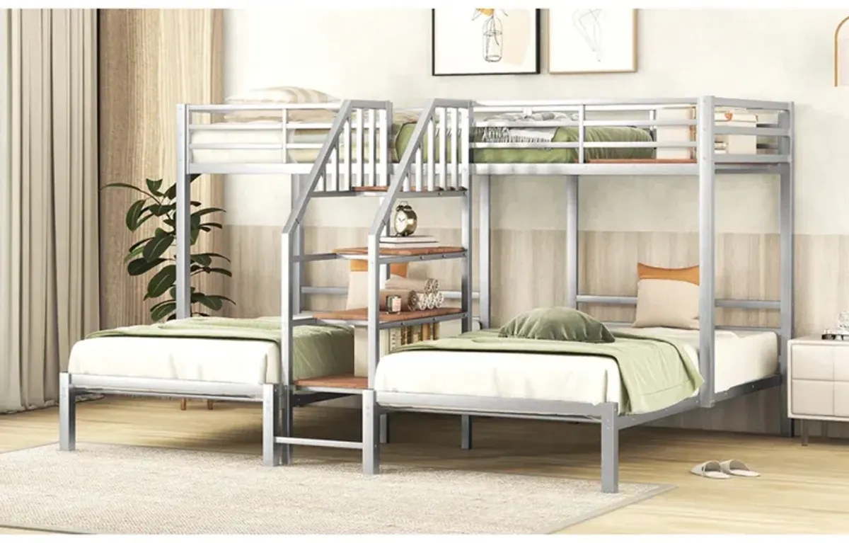 Metal Twin Over Twin & Twin Bunk Bed, Triple Bunk Bed With Storage Shelves Staircase, Silver