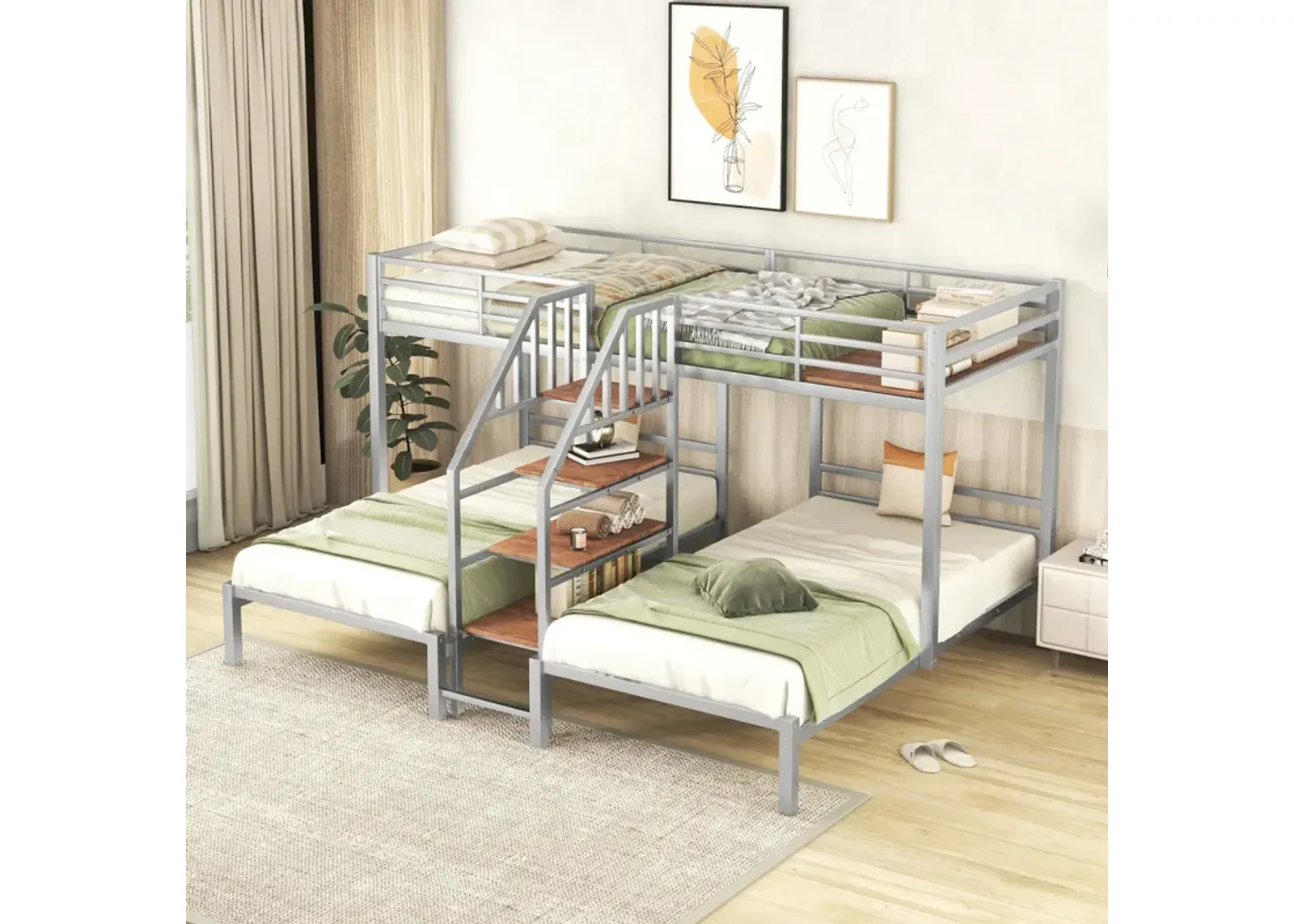 Metal Twin Over Twin & Twin Bunk Bed, Triple Bunk Bed With Storage Shelves Staircase, Silver