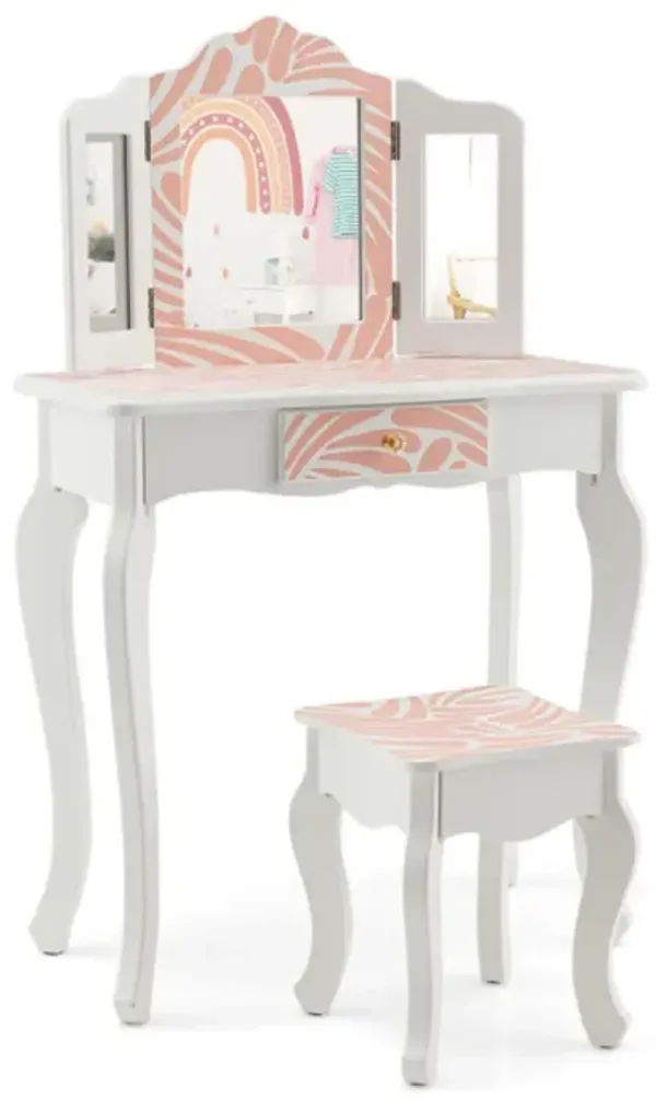 Hivvago 2-in-1 Kids Vanity Table Set with Tri-folding Mirror-Pink