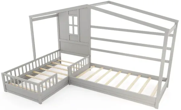 L-shaped Double House Platform Beds with Fences Corner Bed Frame