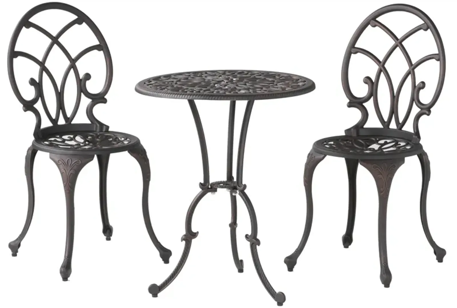 Charlie 3 pcs Bistro Set w Umbrella Hole, Cast Aluminum in Copper - Benzara