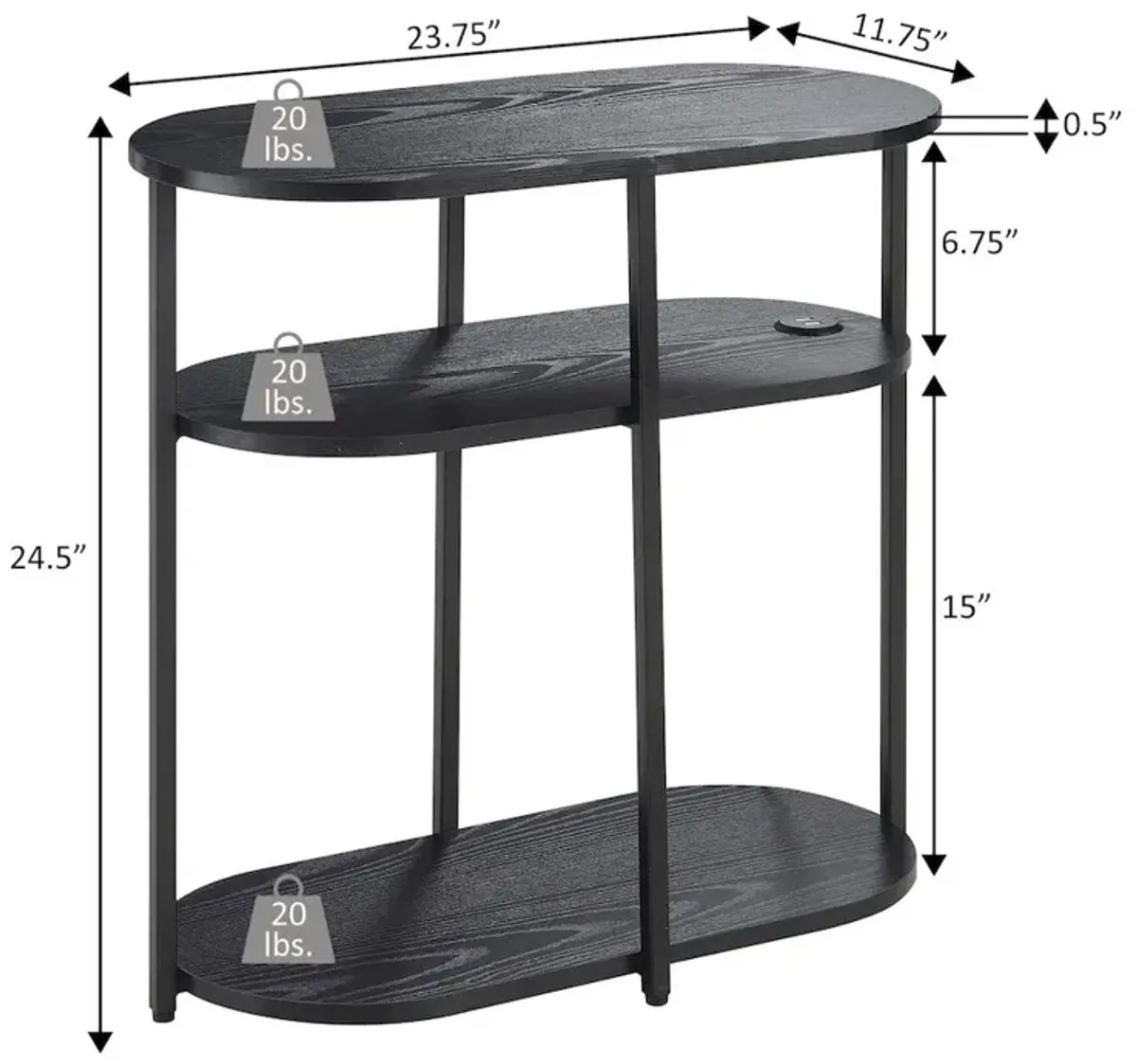 Convenience Concepts Designs2Go Simon 3 Tier Oval Chairside End Table with USB Ports