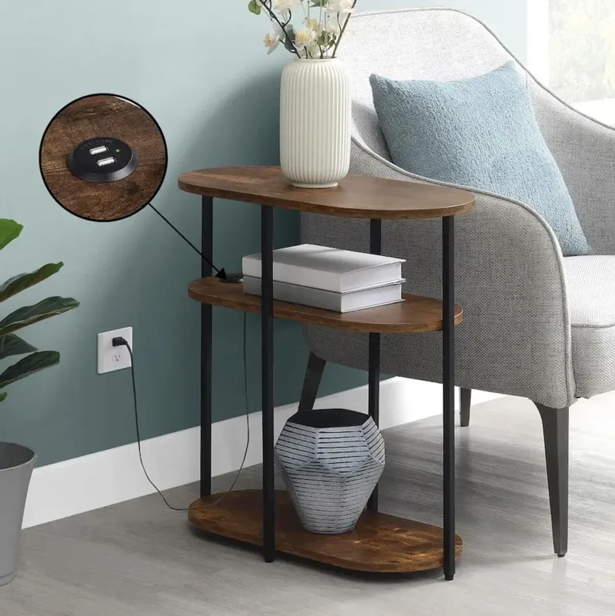 Convenience Concepts Designs2Go Simon 3 Tier Oval Chairside End Table with USB Ports