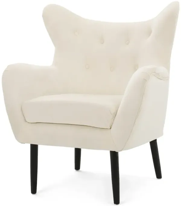 Accent Armchair, Retro Wingback Design, Button Tufted, Ivory Velvet - Benzara