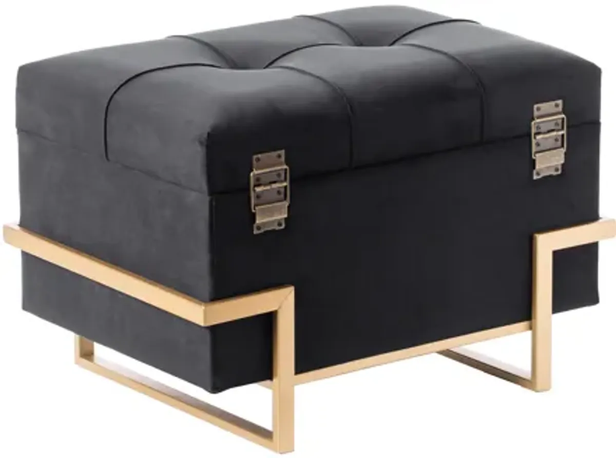 Rectangular Velvet Storage Ottoman with Gold Legs, Black