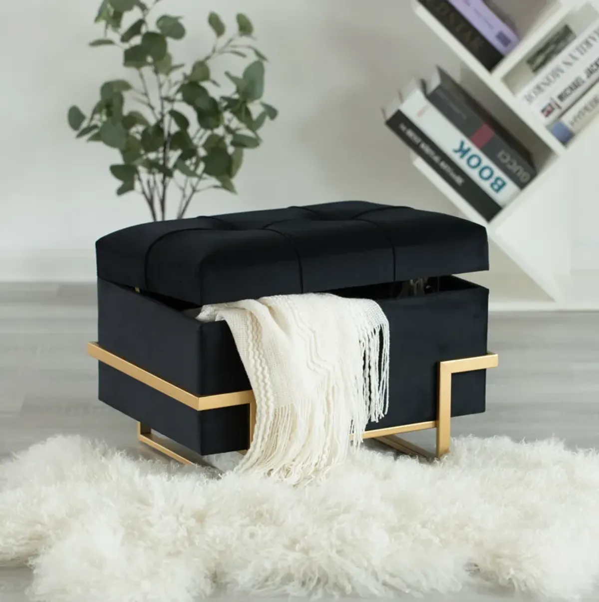 Rectangular Velvet Storage Ottoman with Gold Legs, Black