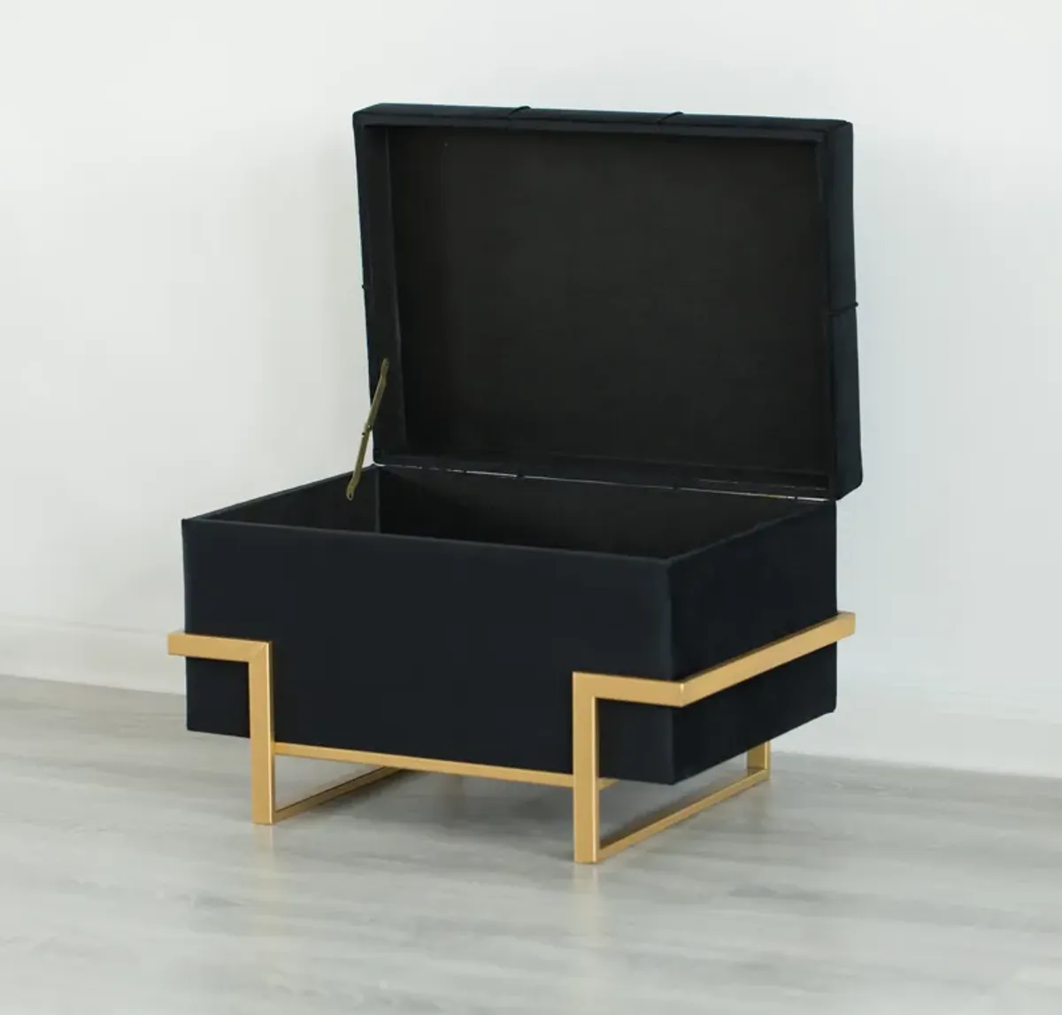 Rectangular Velvet Storage Ottoman with Gold Legs, Black