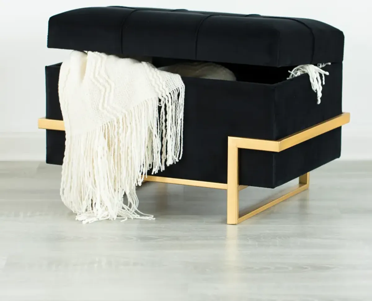 Rectangular Velvet Storage Ottoman with Gold Legs, Black