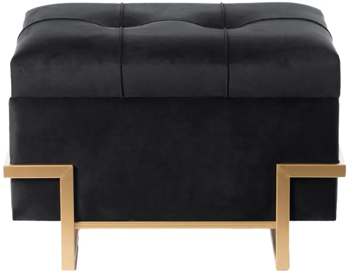 Rectangular Velvet Storage Ottoman with Gold Legs, Black