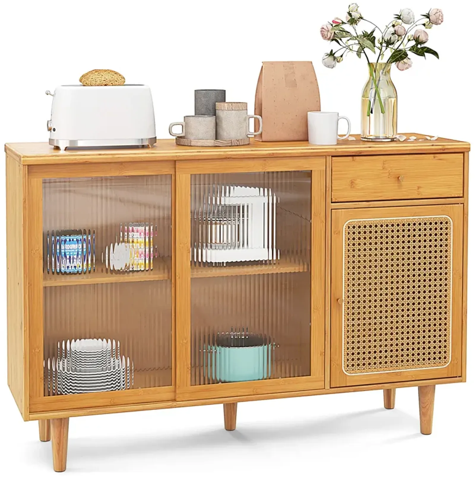 Modern Bamboo Buffet Sideboard Cabinet with Tempered Glass Sliding Doors-Natural