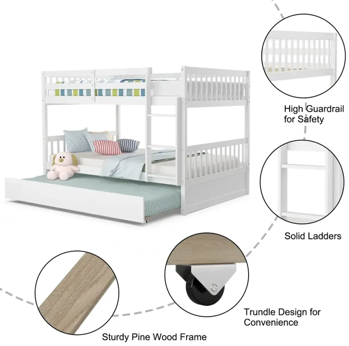 Full over Full Bunk Bed Platform Wood Bed with Ladder