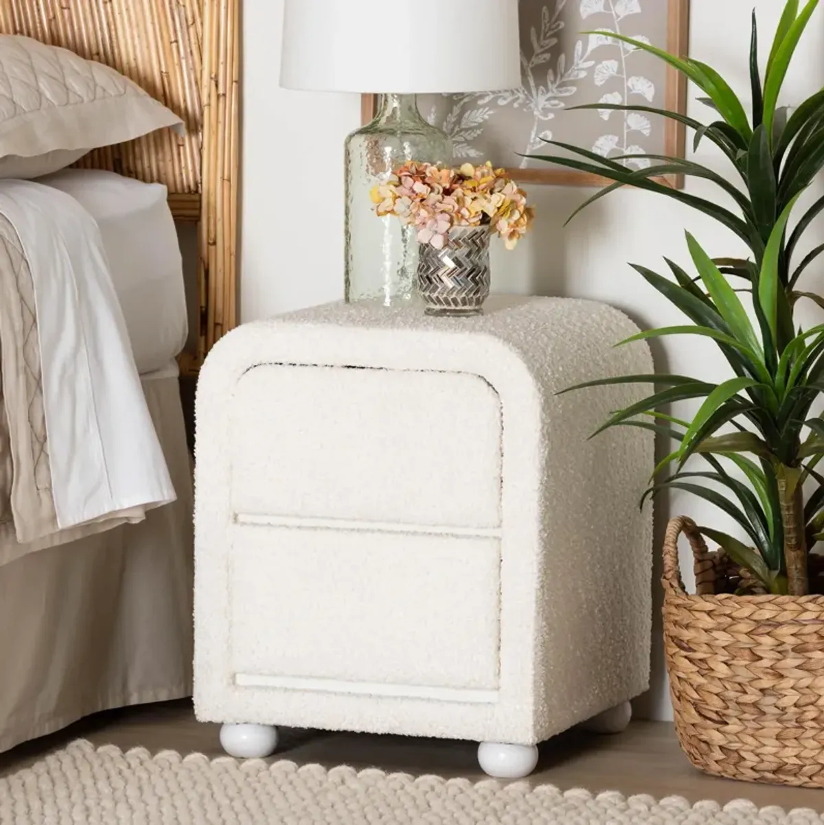 Baxton Studio Bonilla Modern White Teddy Bear Fabric And Rubberwood 2 Drawer Nightstand