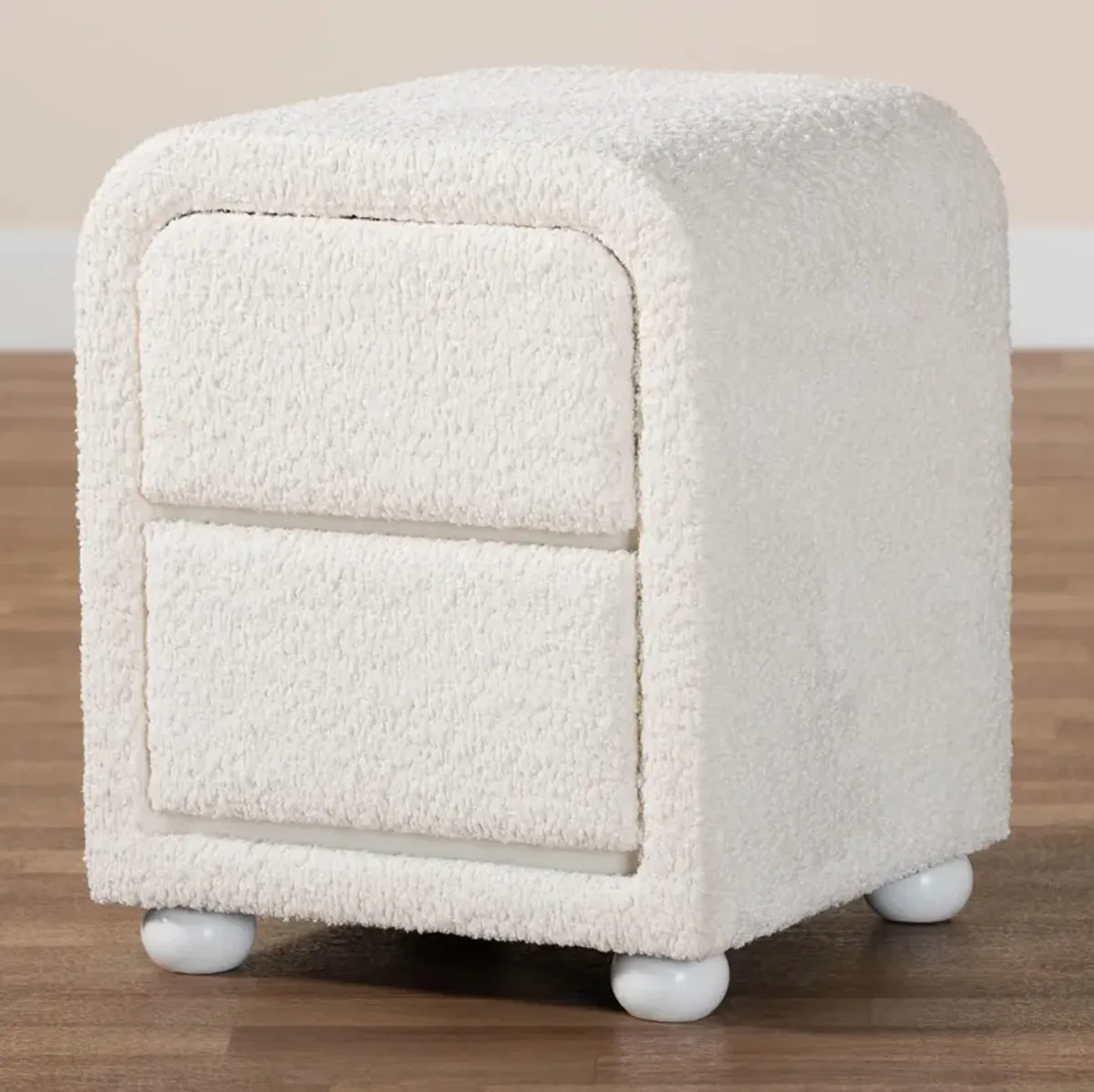 Baxton Studio Bonilla Modern White Teddy Bear Fabric And Rubberwood 2 Drawer Nightstand