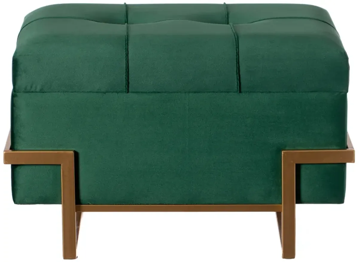 Rectangle Velvet Storage Ottoman Stool Box with Abstract Golden Legs | Decorative Sitting Bench for Living Room Home Decor with Unique Base Support (Green Small)