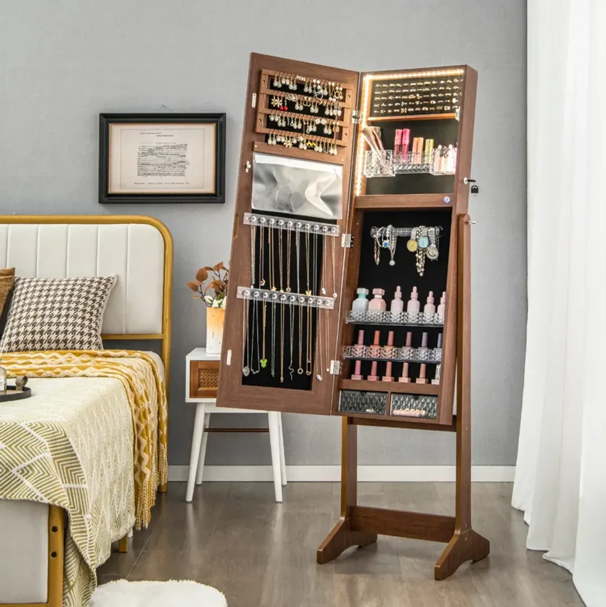 Lockable Jewelry Armoire Standing Cabinet with Lighted Full-Length Mirror-Walnut