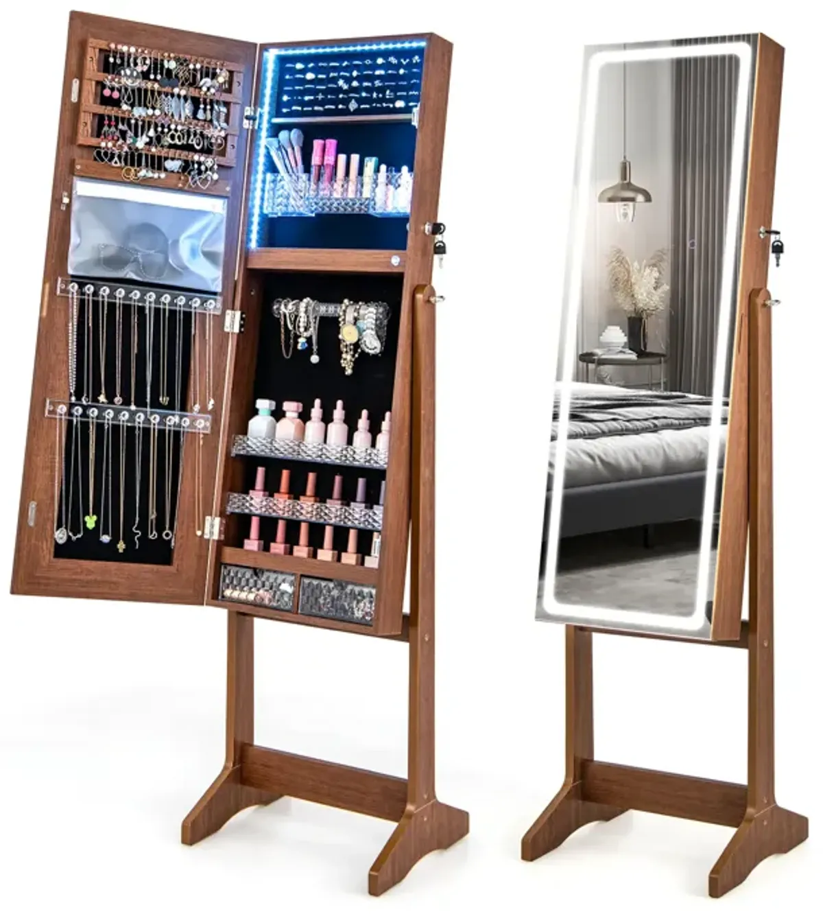 Lockable Jewelry Armoire Standing Cabinet with Lighted Full-Length Mirror-Walnut