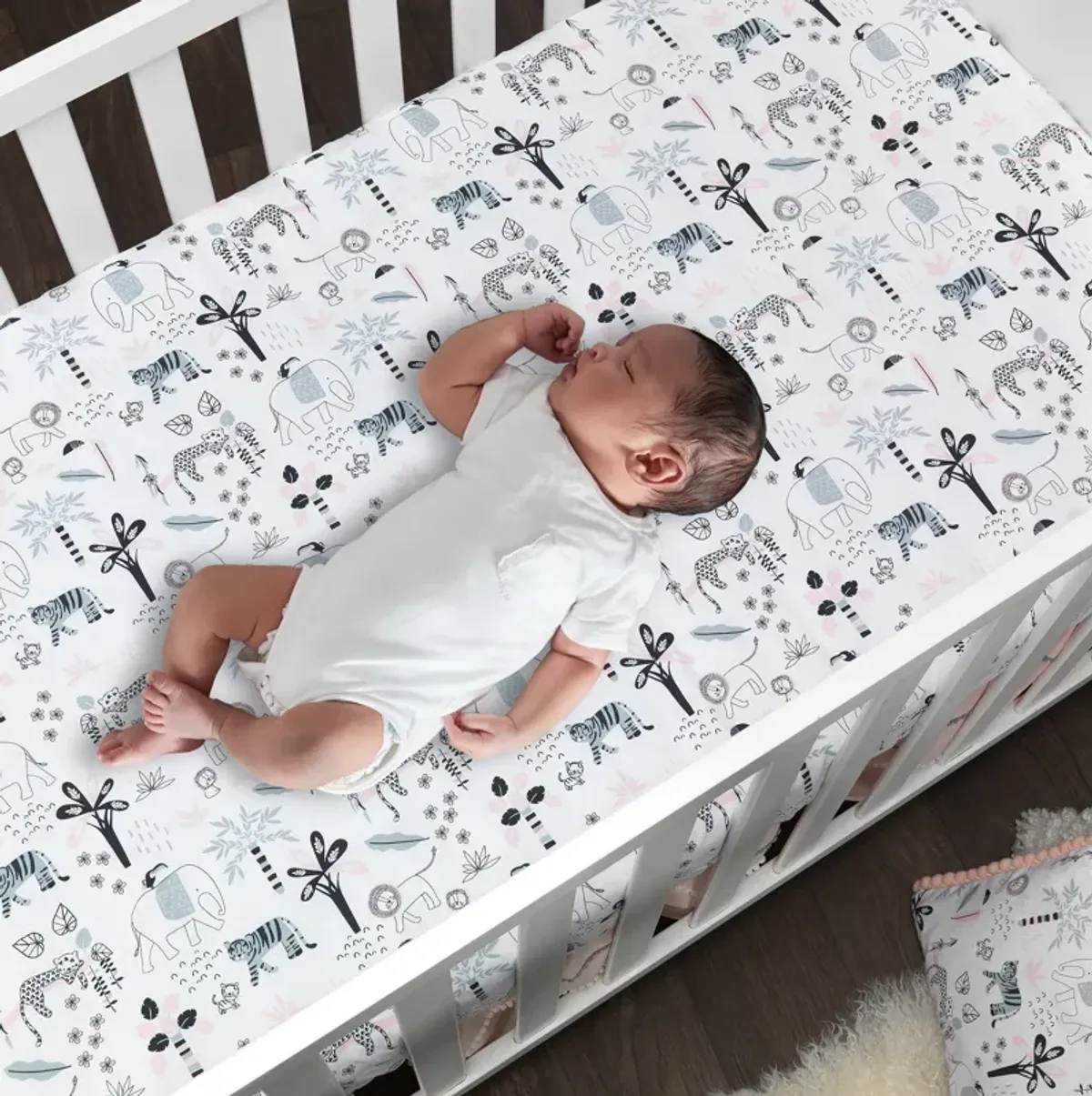 Lambs & Ivy Happy Jungle 100% Cotton Safari Animals Fitted Crib Sheet - White