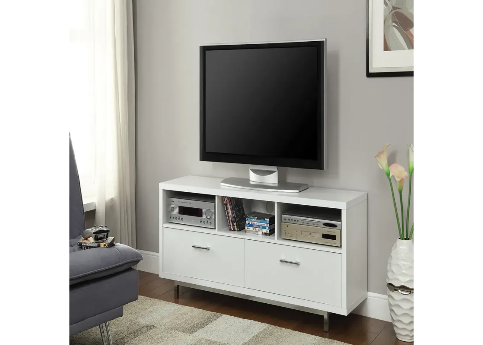 Stunning white tv console With chrome legs-Benzara