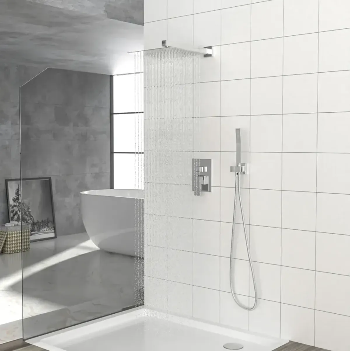 Dual Shower Head - 12 Inch Wall Mounted Square Shower System With Rough-In Valve, Chrome