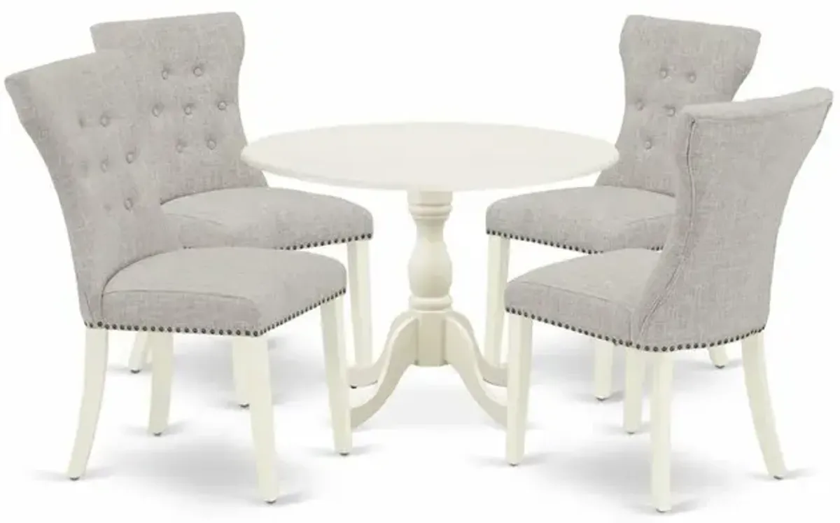 East West Furniture DMGA5-LWH-35 5 Piece Dinning Table Set Consists of 1 Drop Leaves Dining Table and 4 Doeskin Linen Fabric Parson Chairs Button Tufted Back with Nail Heads - Linen White Finish