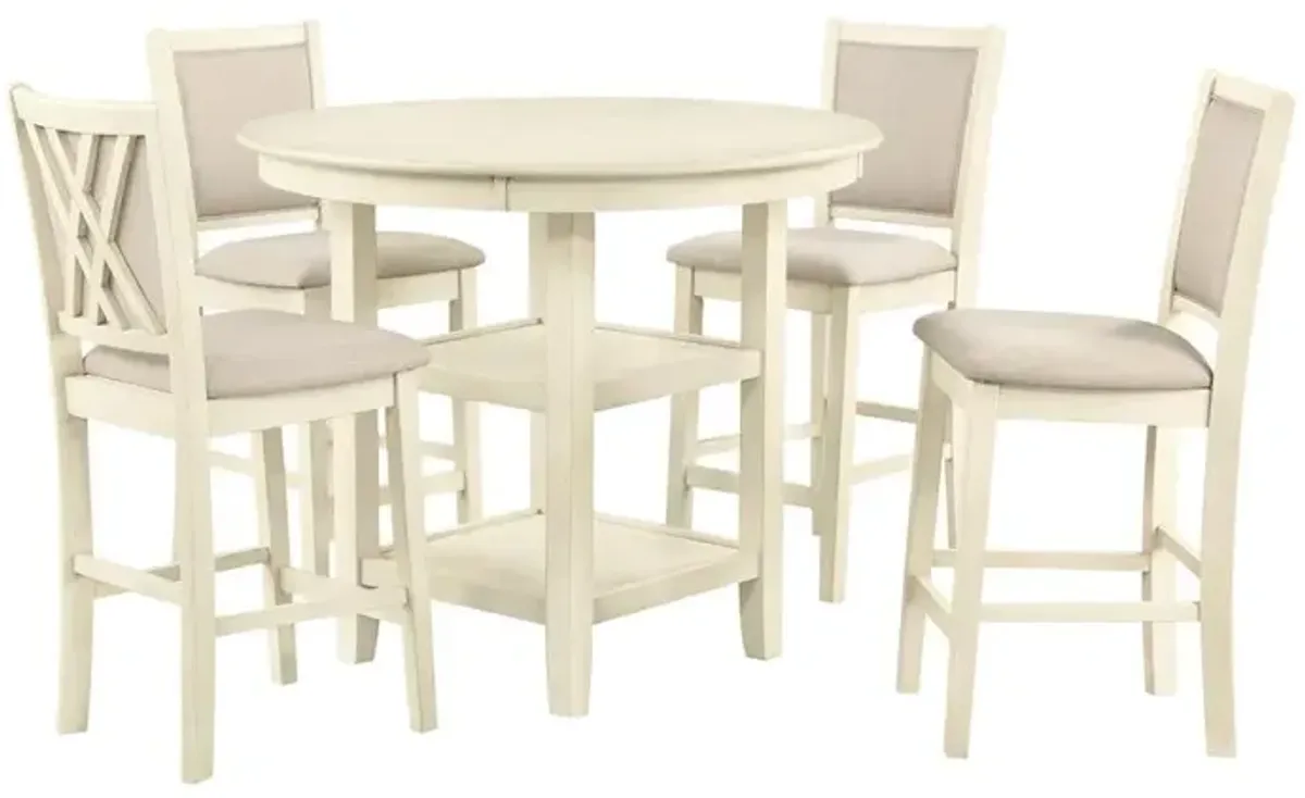 New Classic Furniture Amy 5-Piece Wood Round Counter Set with 4 Chairs in Bisque Beige