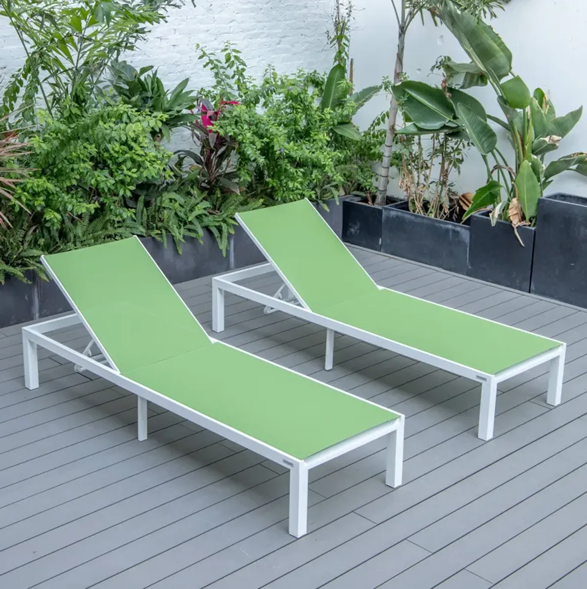 LeisureMod Marlin Patio Chaise Lounge Chair With White Aluminum Frame, Set of 2 in Navy Blue