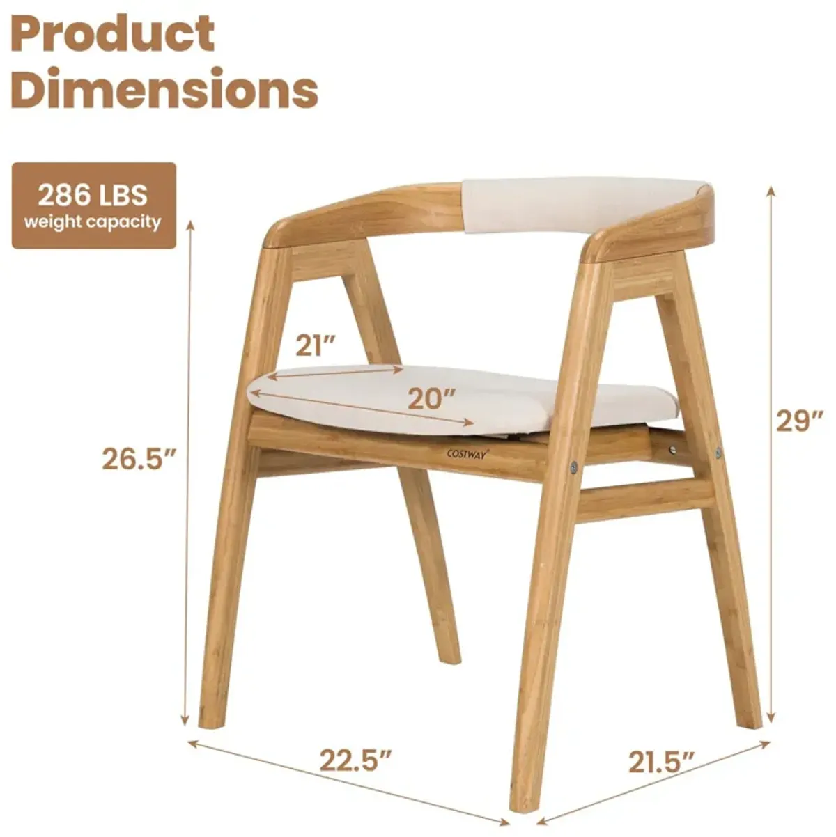 Leisure Bamboo Dining Chair with Curved Back and Anti-slip Foot Pads-Natural