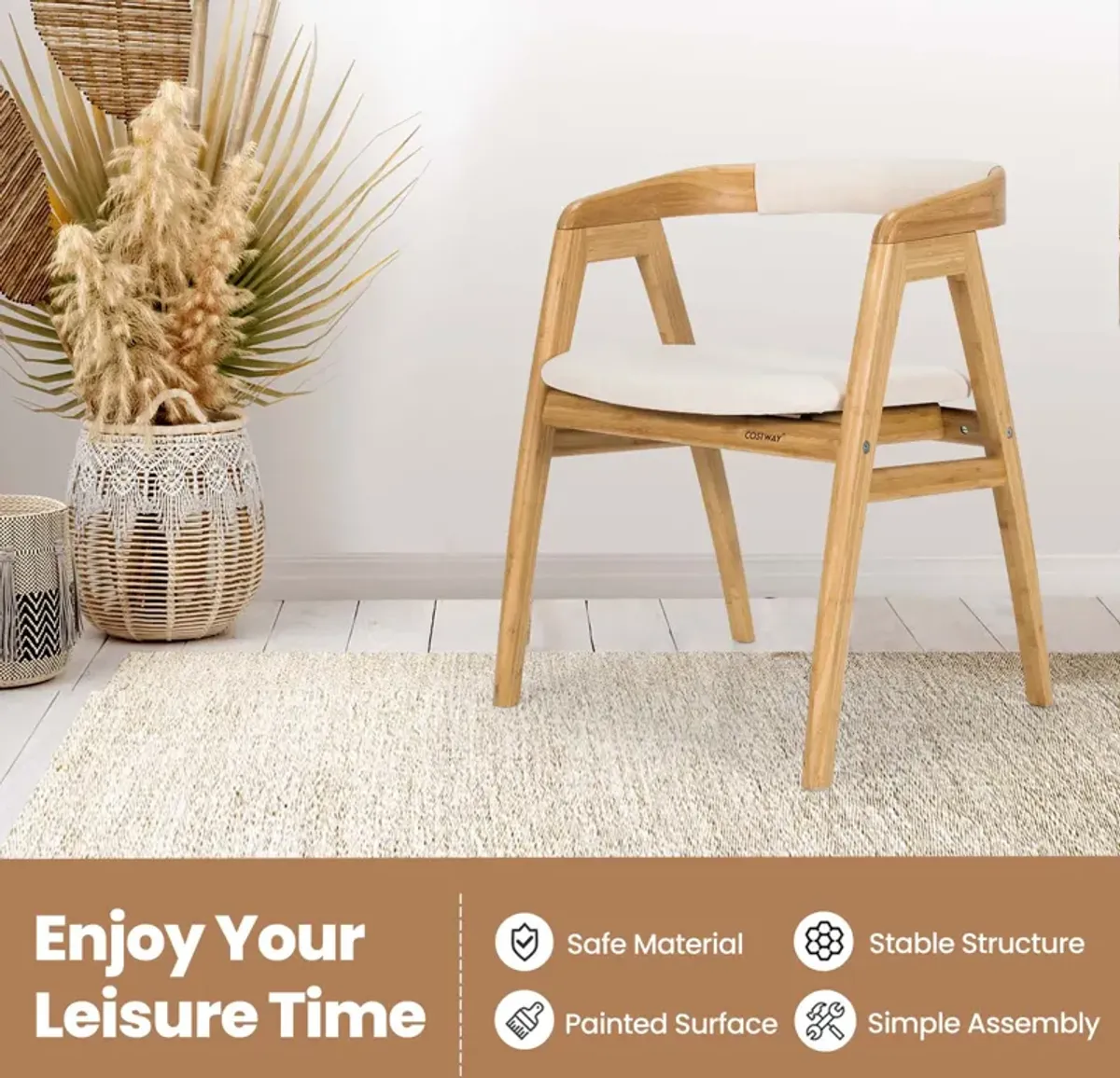 Leisure Bamboo Dining Chair with Curved Back and Anti-slip Foot Pads-Natural