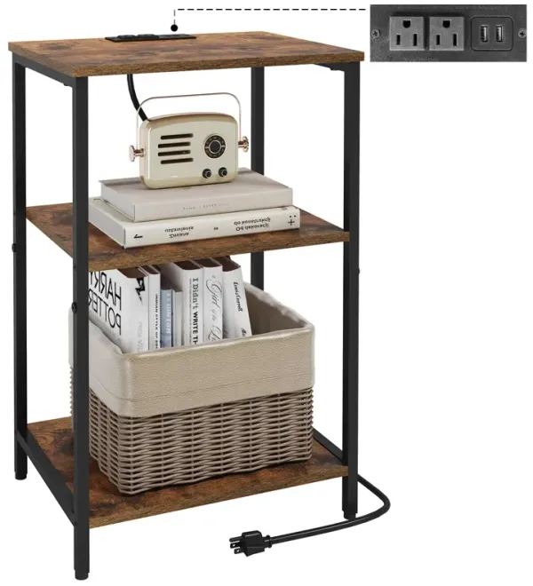 X-cosrack Side Table with Charging Station, End Table with USB Ports and Outlets, Nightstand with Storage Shelves for Small Spac