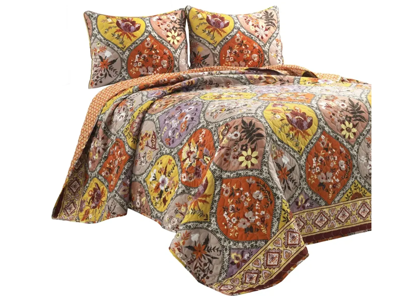 Bohemian Flower Reversible Oversized Cotton Quilt 3Pc Set